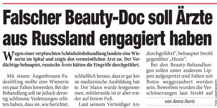 Tageszeitung HEUTE Beauty-Doc Rechtsanwalt Kurpfuscherei