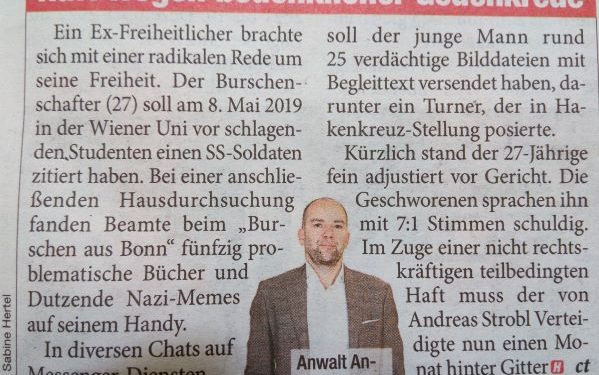 © Rechtsanwalt Mag. Andreas Strobl Tageszeitung HEUTE 25.11.2021 nationalsozialistische Wiederbetätigung